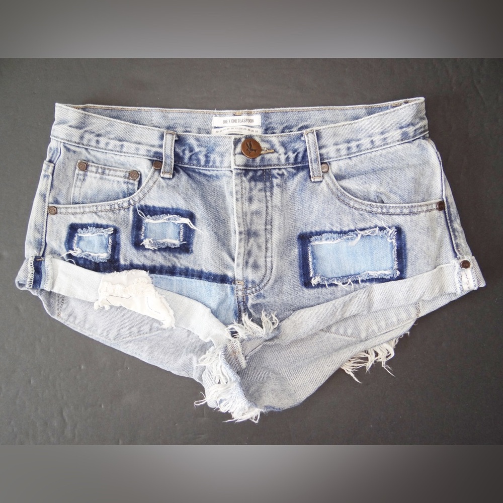 Light Blue Distressed Denim Shorts - Vintage Patchwork